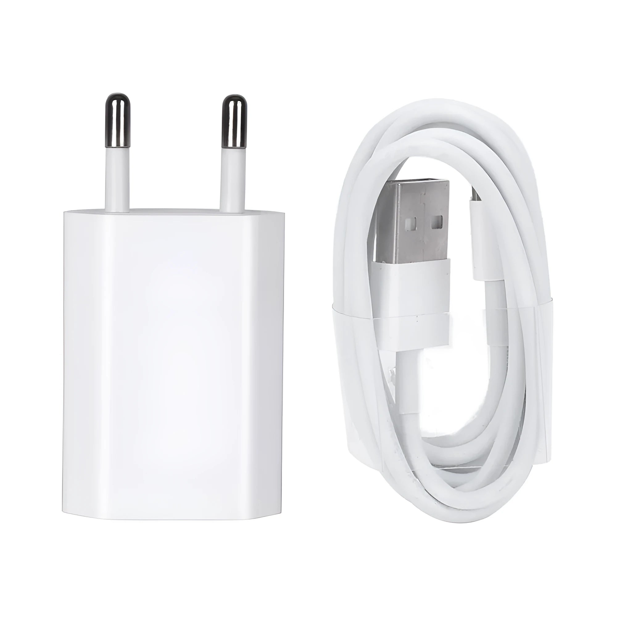 5V 2A USB travel charger and cable compatible with iPhone and iPad models.