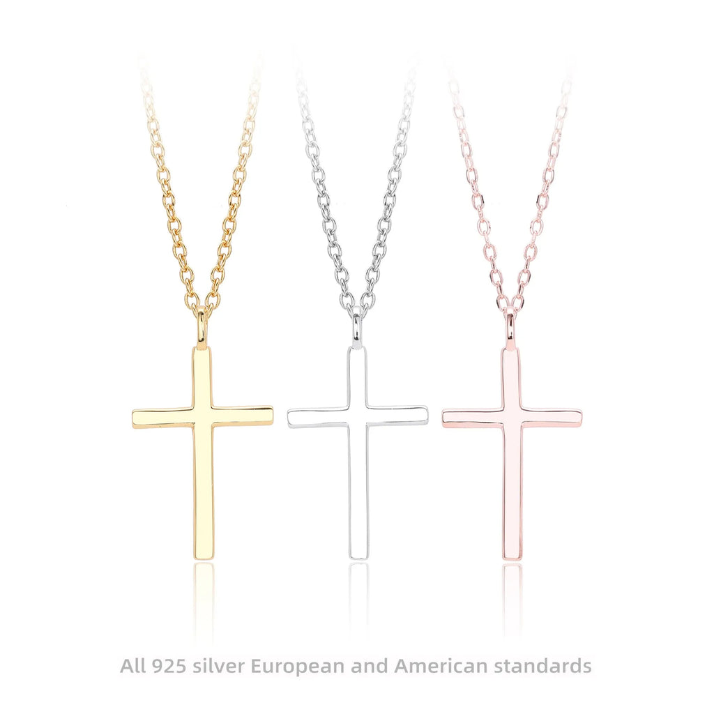 S925 sterling silver necklace with glossy cross pendant on O-chain in gold, platinum, or rose gold plating.