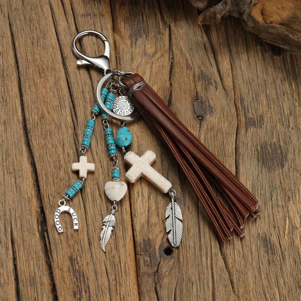 Alloy cross pendant with leather rope and tassel keychain in retro style colour XY-3669