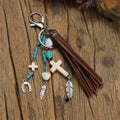 Alloy cross pendant with leather rope and tassel keychain in retro style colour XY-3669