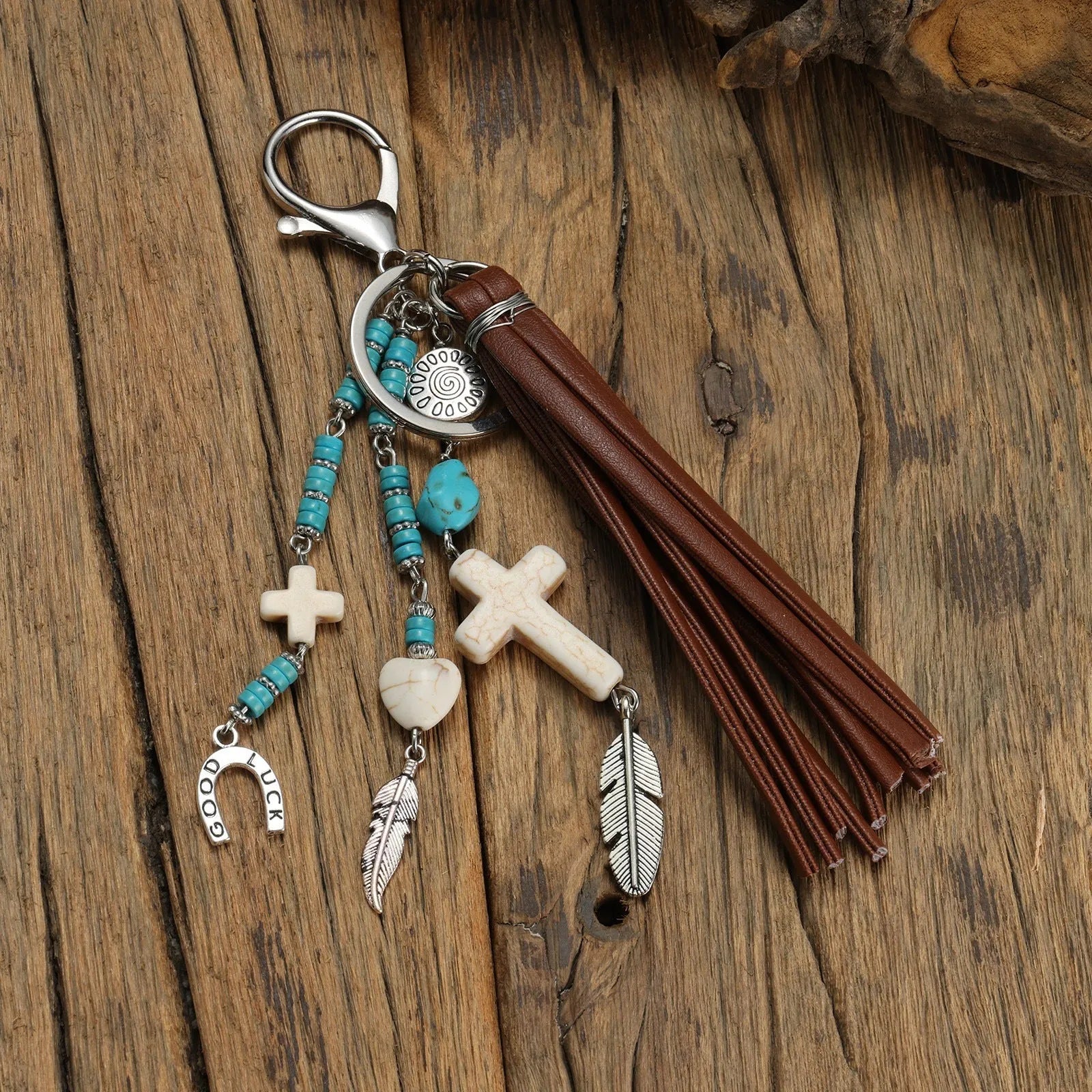 Alloy cross pendant with leather rope and tassel keychain in retro style colour XY-3669