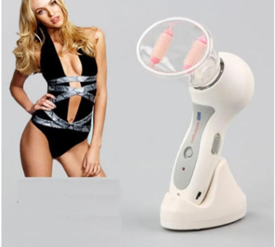 White portable body massage vacuum cans device with two different massaging rollers and AC adapter