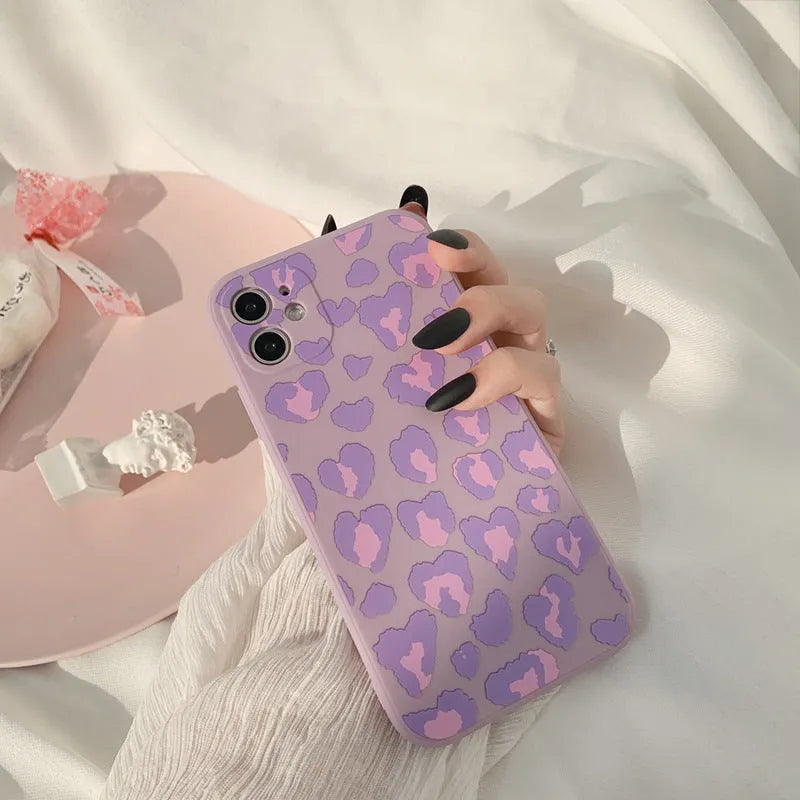 Frosted silicone phone case in purple leopard print for Apple iPhone models