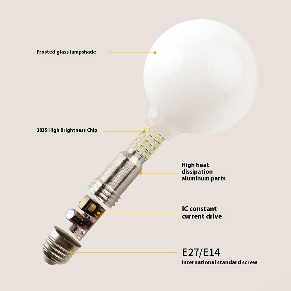 Milky white glass LED bulb with screw base, 80mm diameter, three colour temperature options, for home use