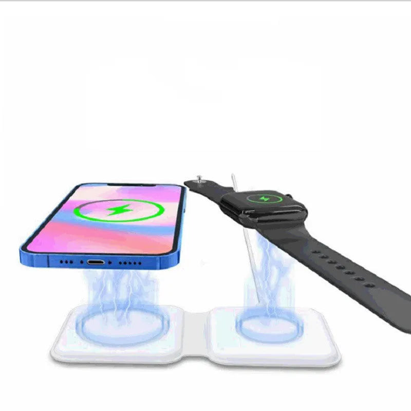 White foldable magnetic wireless charging dock showing dual charging areas and USB Type-C port.