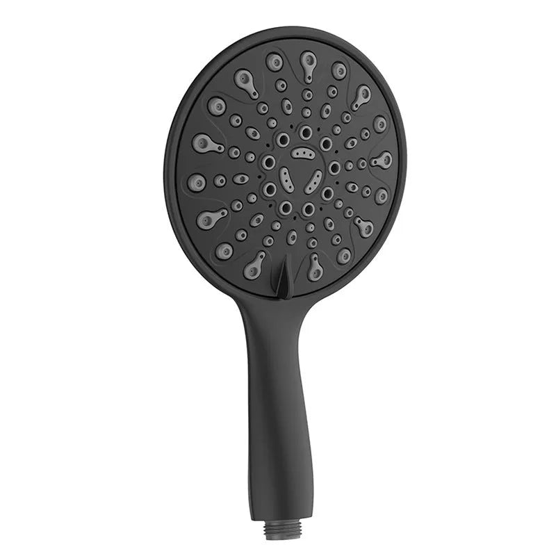 Six-function handheld shower head with electroplated finish showing multiple spray pattern options
