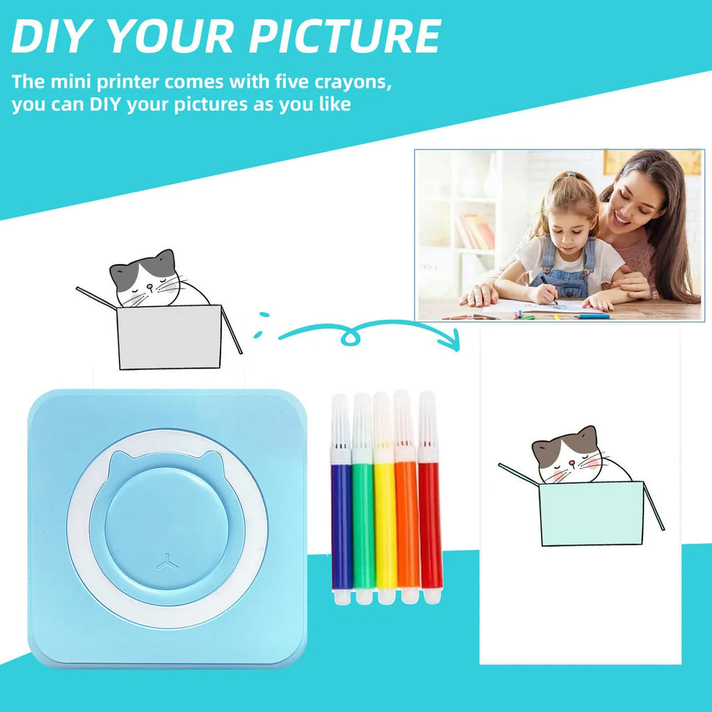 Pocket mini thermal label printer 80x80x35mm USB interface in black and macaron colours