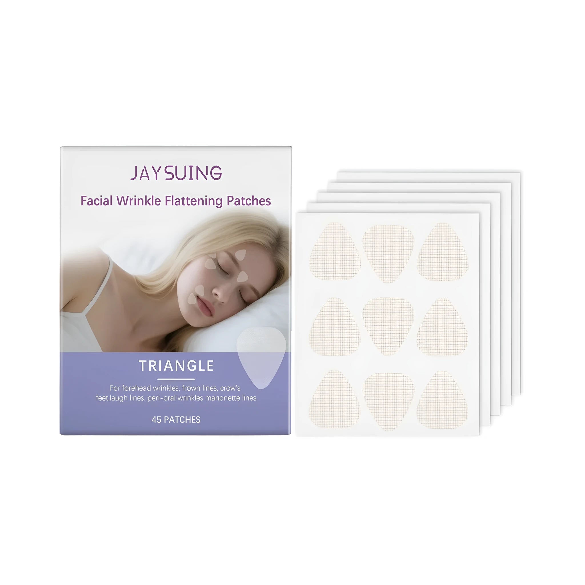 Bottle of shrinking pore tightening liquid and packet of 45 moisturising patches skincare set.