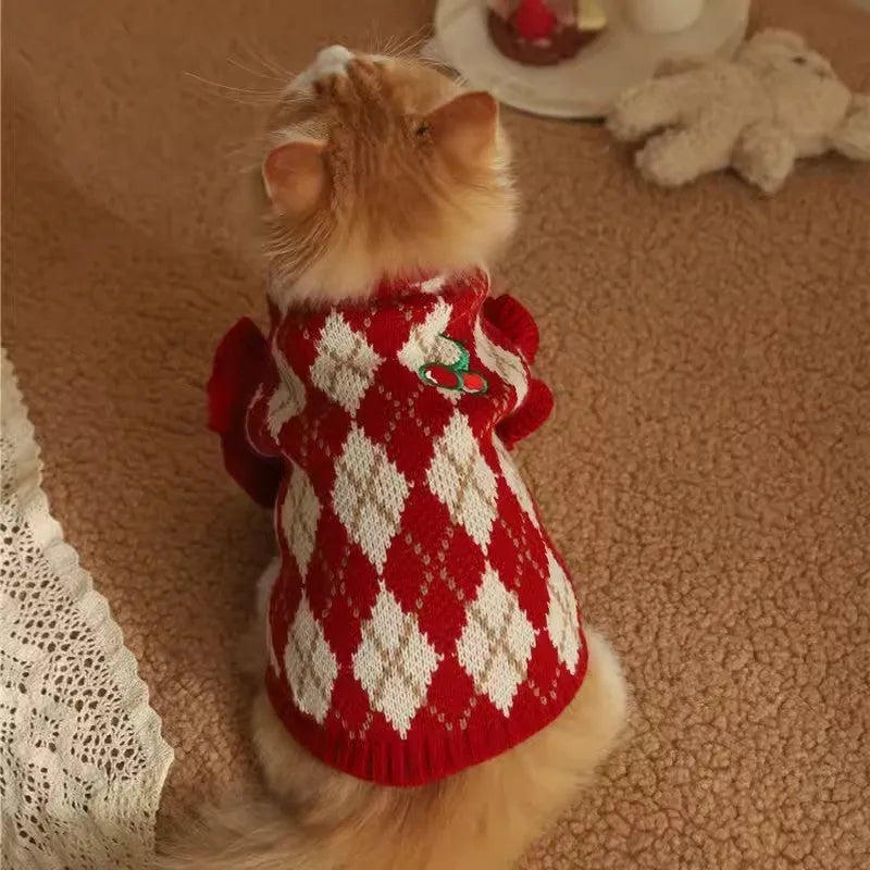 Red cat sweater with rhombic embroidery cherry design showing front view with size label