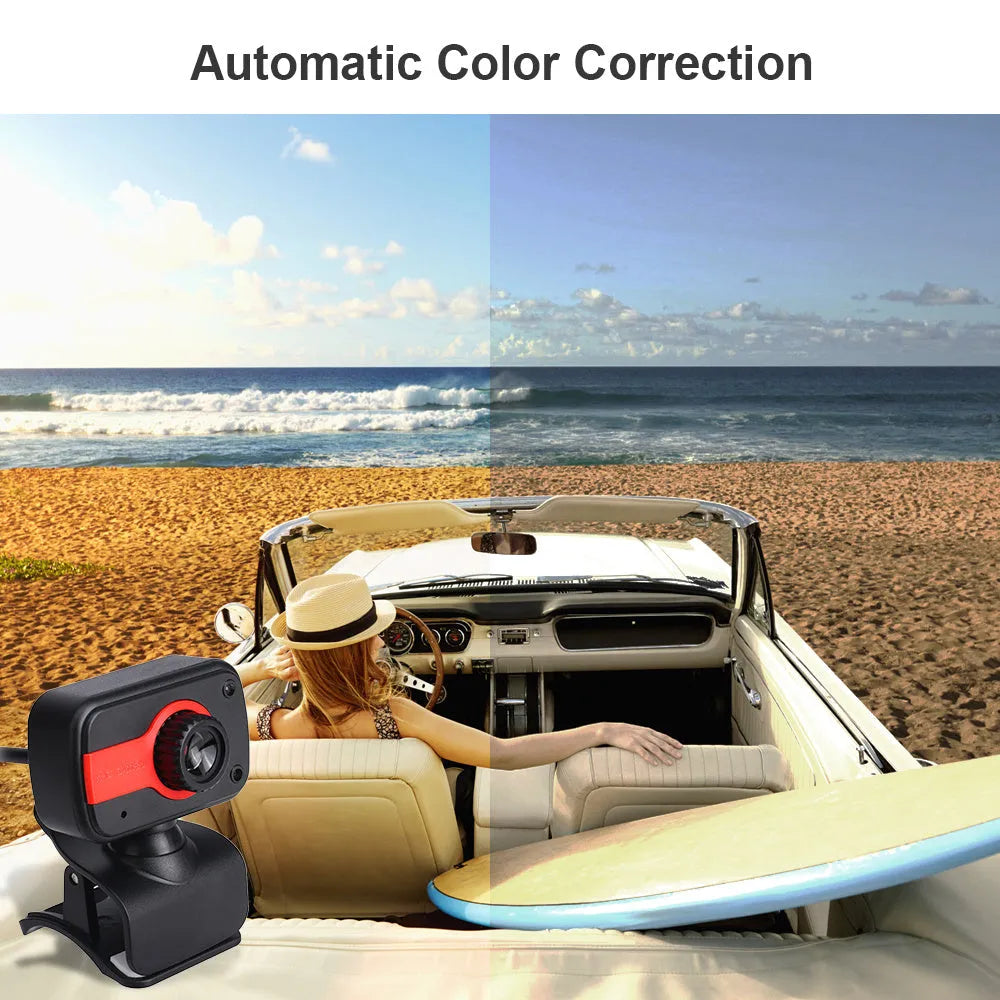 Blue mini USB webcam on a stand showing its 360-degree rotating base and focus ring.
