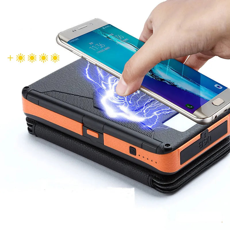 20000mAh magnetic solar power bank in black with IPX5 waterproof rating, showing solar panel and LED light