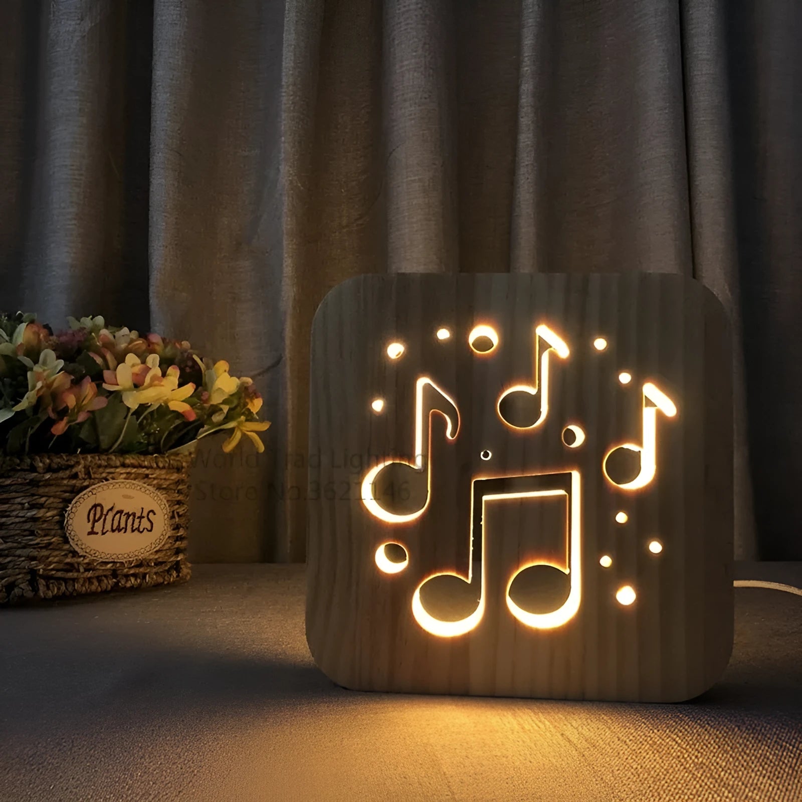 Square pine wood USB LED atmosphere lamp with warm white light on a table.