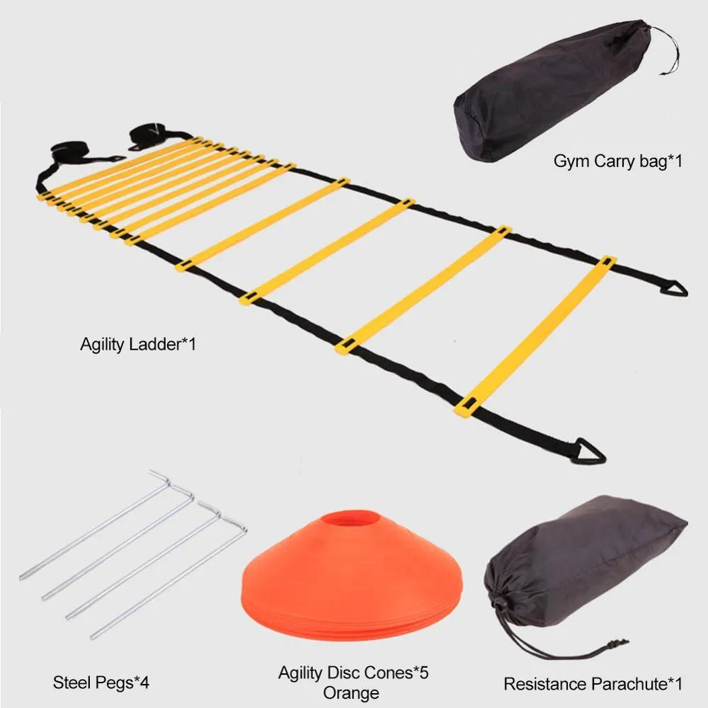 Yellow 6 metre 12 rung football training ladder with steel clips, parachute resistance, agility cones and gym bag