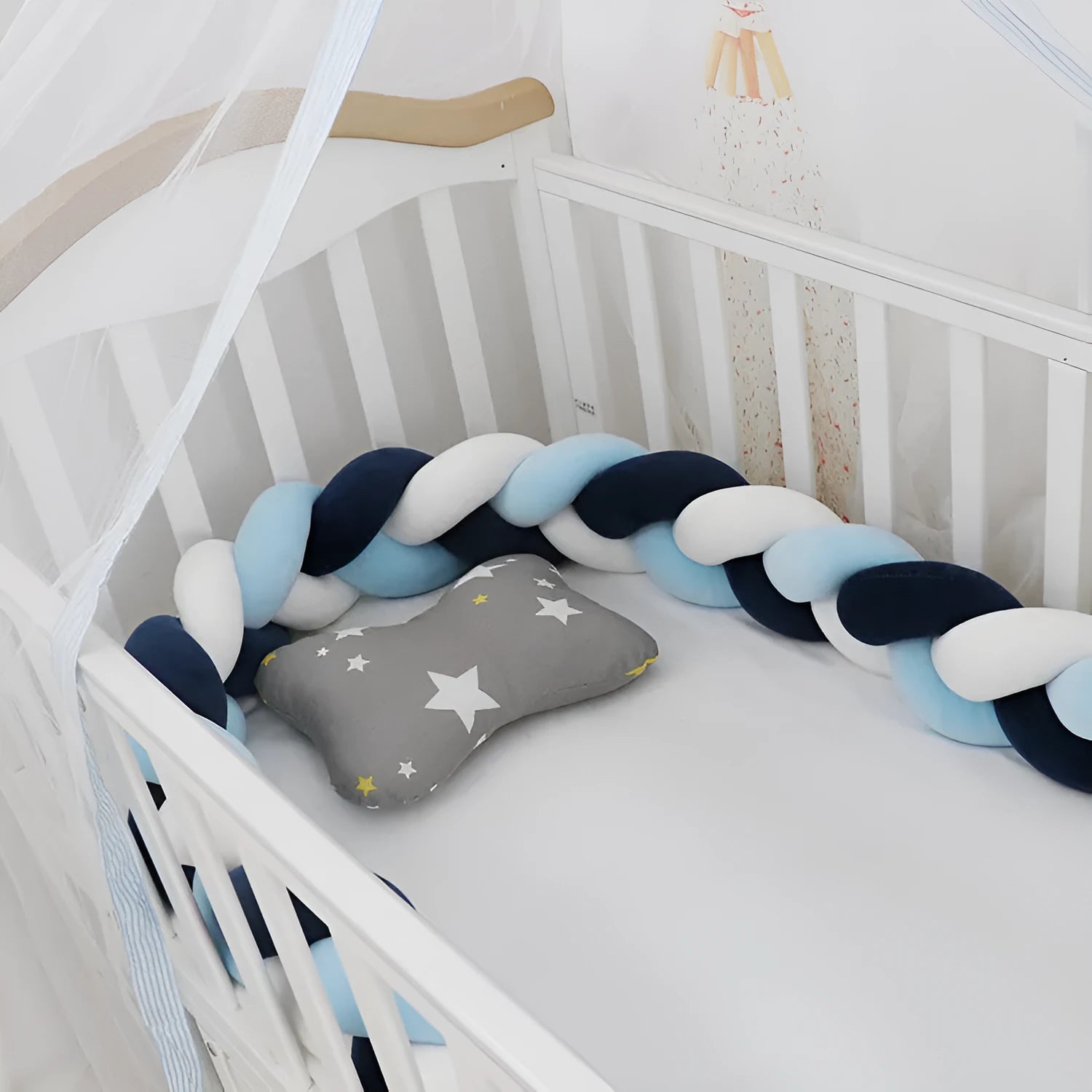 Spandex crystal velvet baby cot bumper in grey pink colour, shown flexible and long.