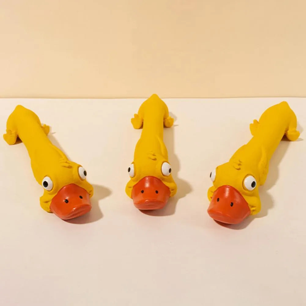 Yellow duck latex dog toy, 26cm long, with built-in squeak sounder for chewing and play