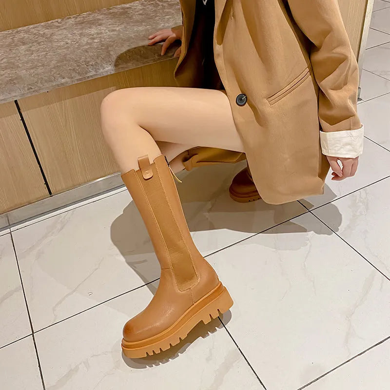 Women's cow two-layer leather Martin boots in black with rear zip, square heel, and waterproof platform