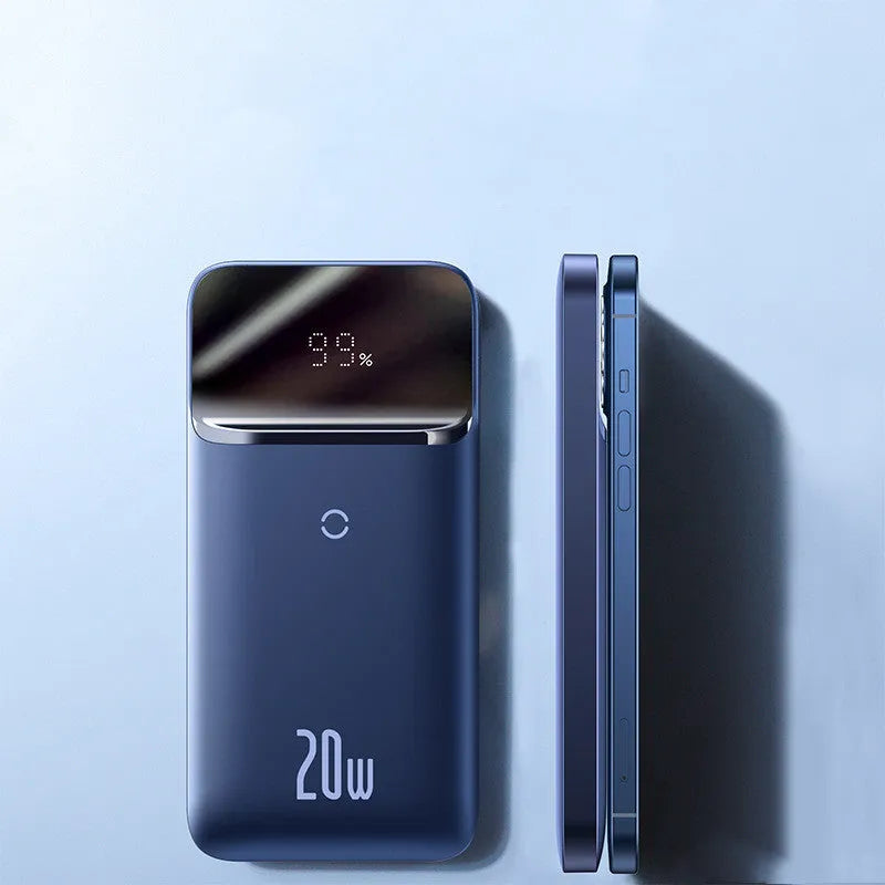 White or blue MagSafe magnetic wireless power bank with LCD display showing battery percentage