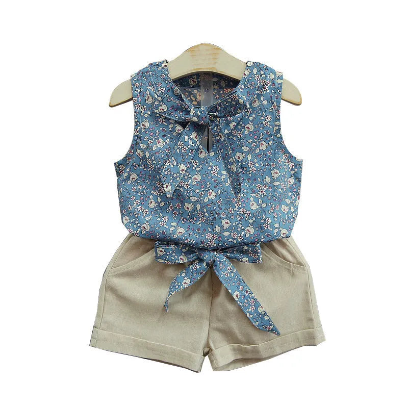 Floral khaki blue sleeveless bow vest and shorts set for girls on white background