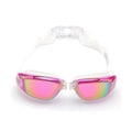 Classic style silicone swimming goggles with anti-fog PC lens on a blue background