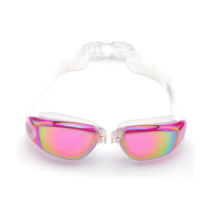 Classic style silicone swimming goggles with anti-fog PC lens on a blue background