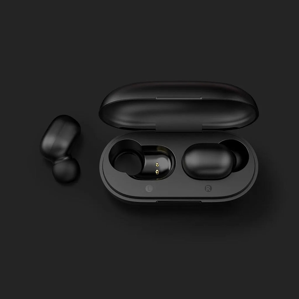 Black true wireless Bluetooth earbuds with bilateral stereo design for hands-free calls and music