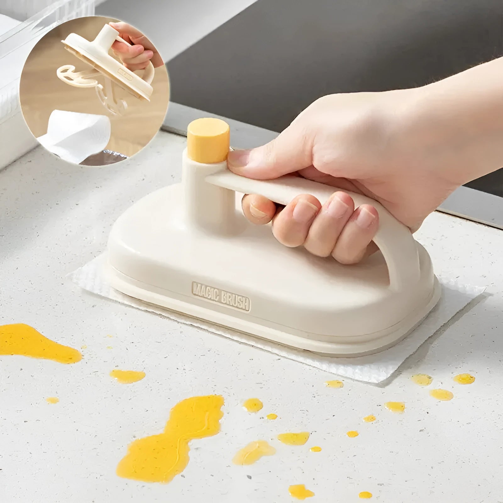 Disposable Magic Cleaning Brush with plastic handle, storage box, and 50 white non-woven fabric rag refills.