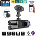 Black dual-lens car dash cam with a 3.5-inch LCD screen mounted on a windscreen.