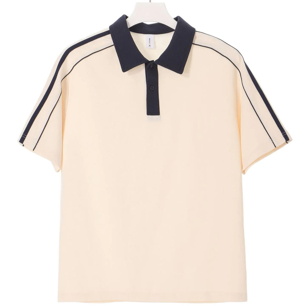 Casual lapel short sleeve polo shirt in cotton blend with drop shoulder loose fit