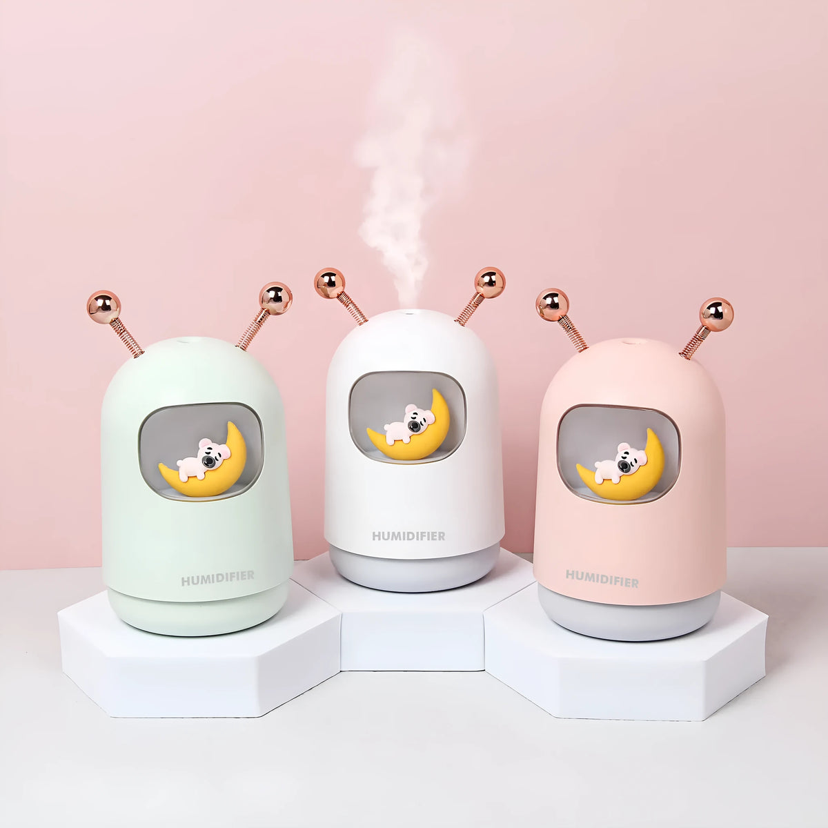 Moon Cute Pet Humidifier in bear green on white background with ambient light