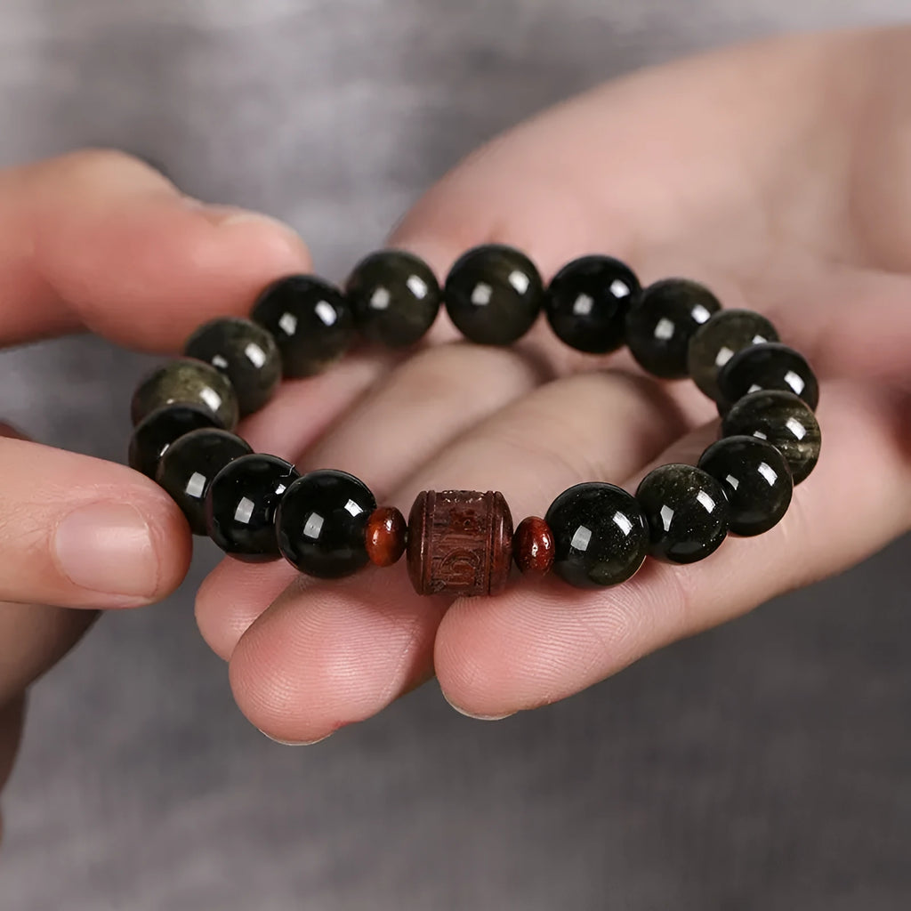 Hand-woven vintage bracelet with 10mm Golden Obsidian beads in retro style