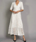 White lace long dress with V-neck design and hollow-out details for women