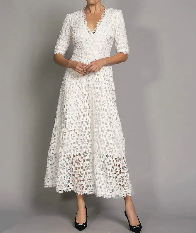White lace long dress with V-neck design and hollow-out details for women