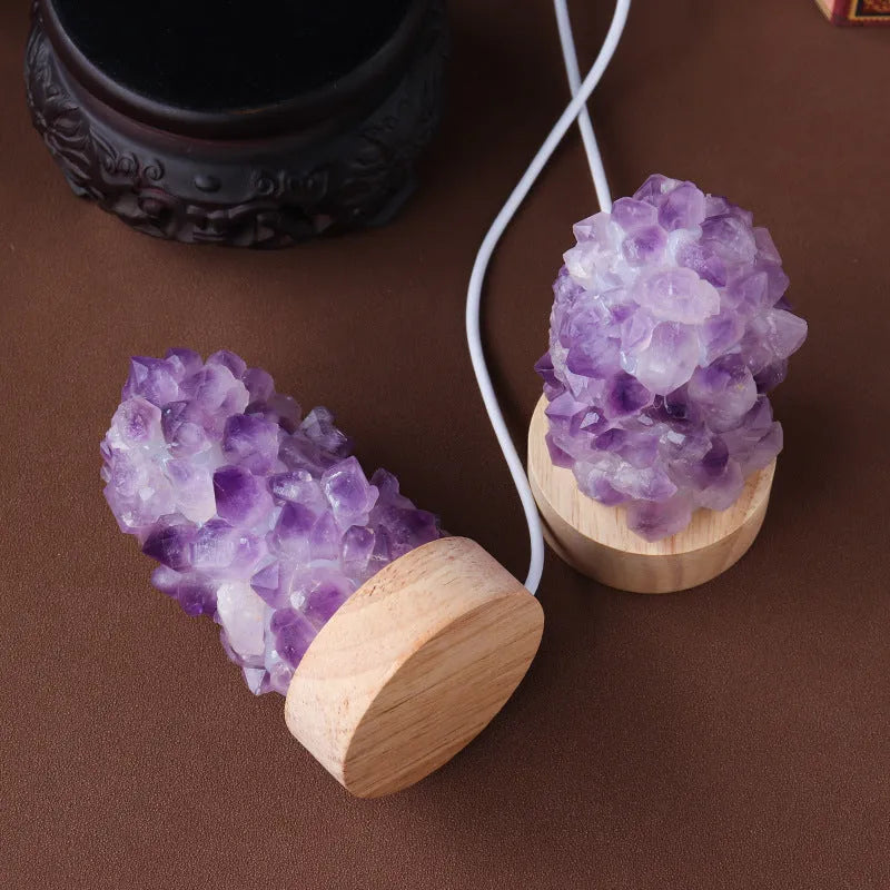 Natural purple amethyst crystal night light with tooth flower vug formation and USB cable