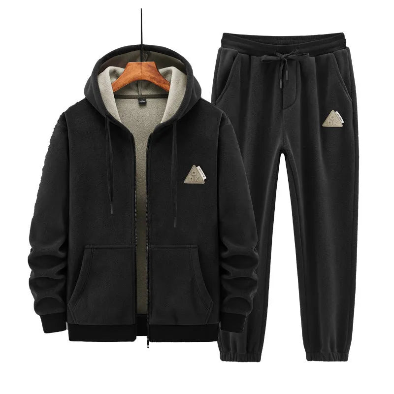 Men's grey cashmere hooded sweater and cotton pants casual sports suit set laid flat.