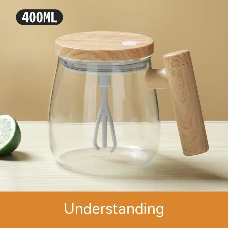 Clear borosilicate glass self-stirring coffee mug with automatic mixing function and 400ml capacity