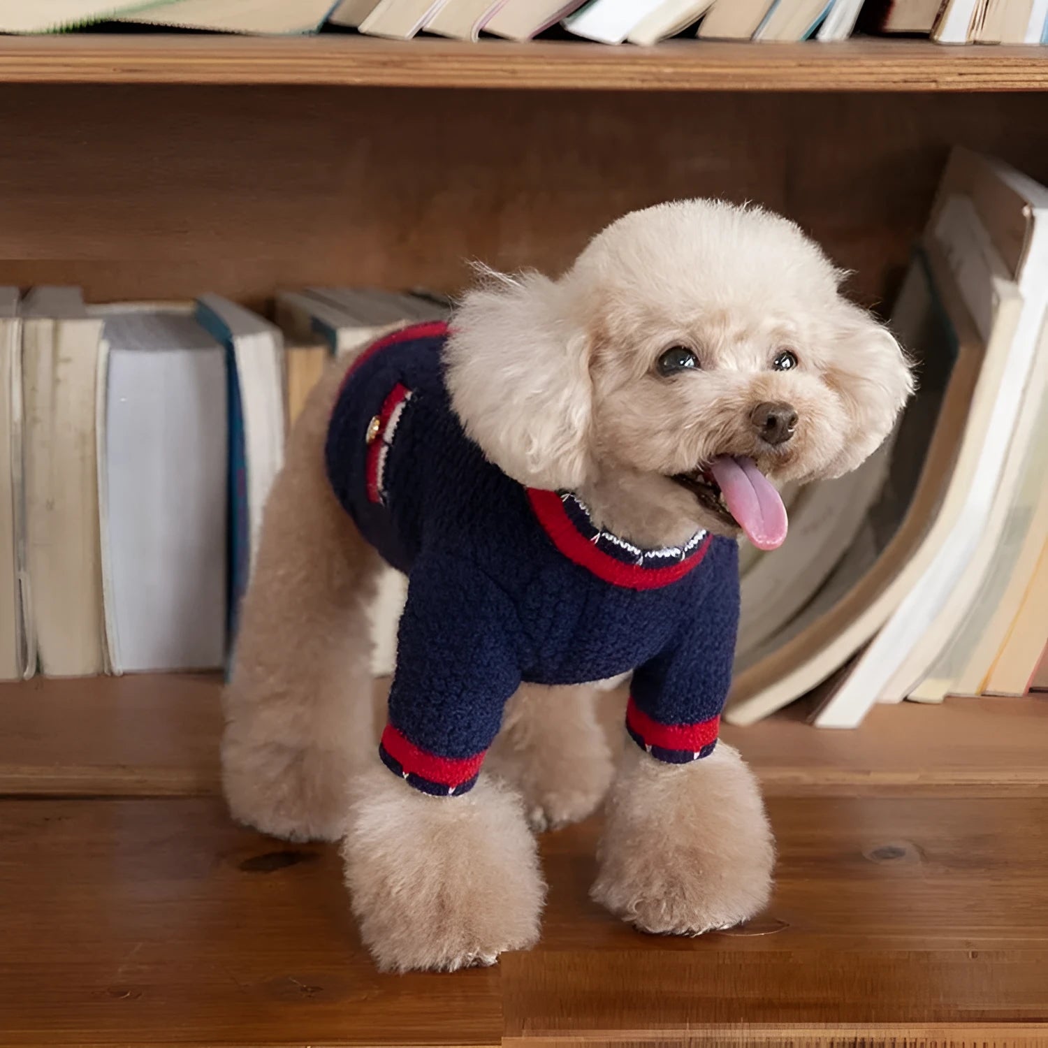 Blue wool dog sweater cardigan with classic princess style on mannequin showing button front