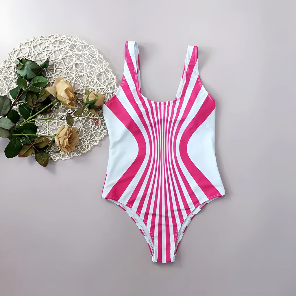 Pink striped one-piece swimsuit for women with digital front and rear printing.