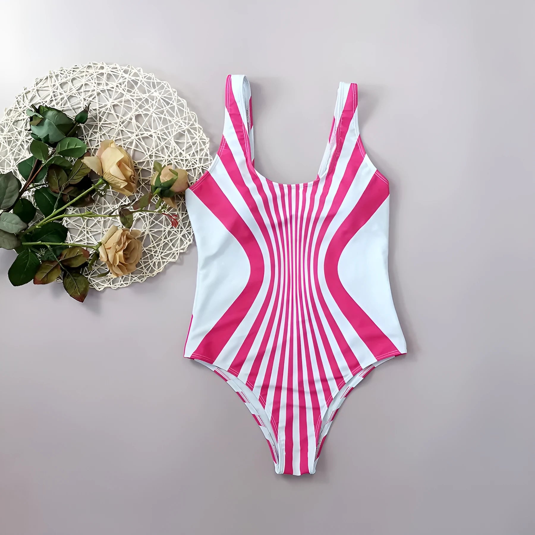 Pink striped digital print one-piece swimsuit for women shown from front and back.
