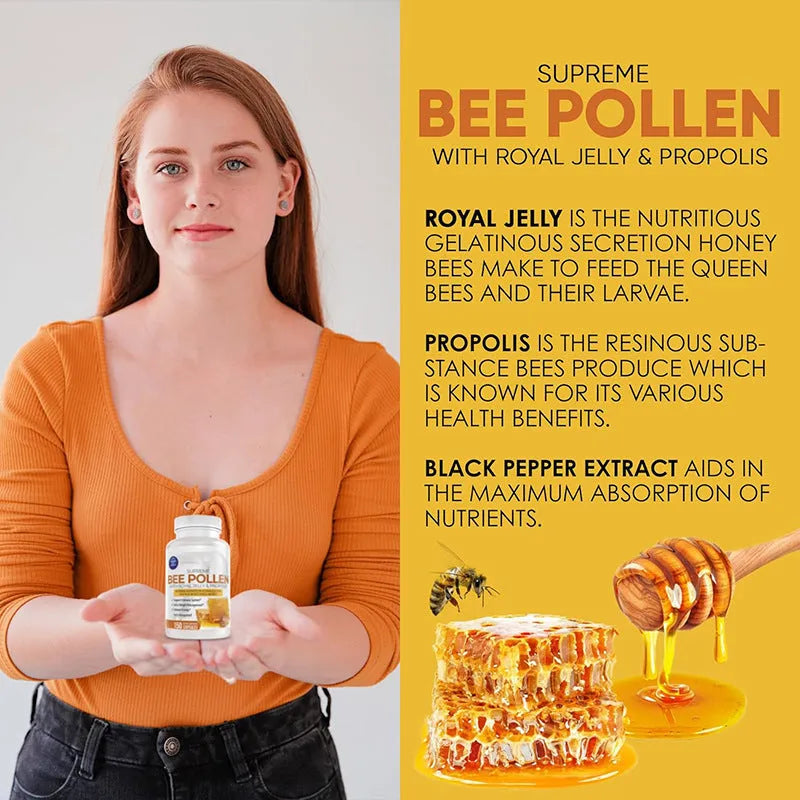 Bottle of royal jelly capsules showing 60, 90, or 120 tablets per pack