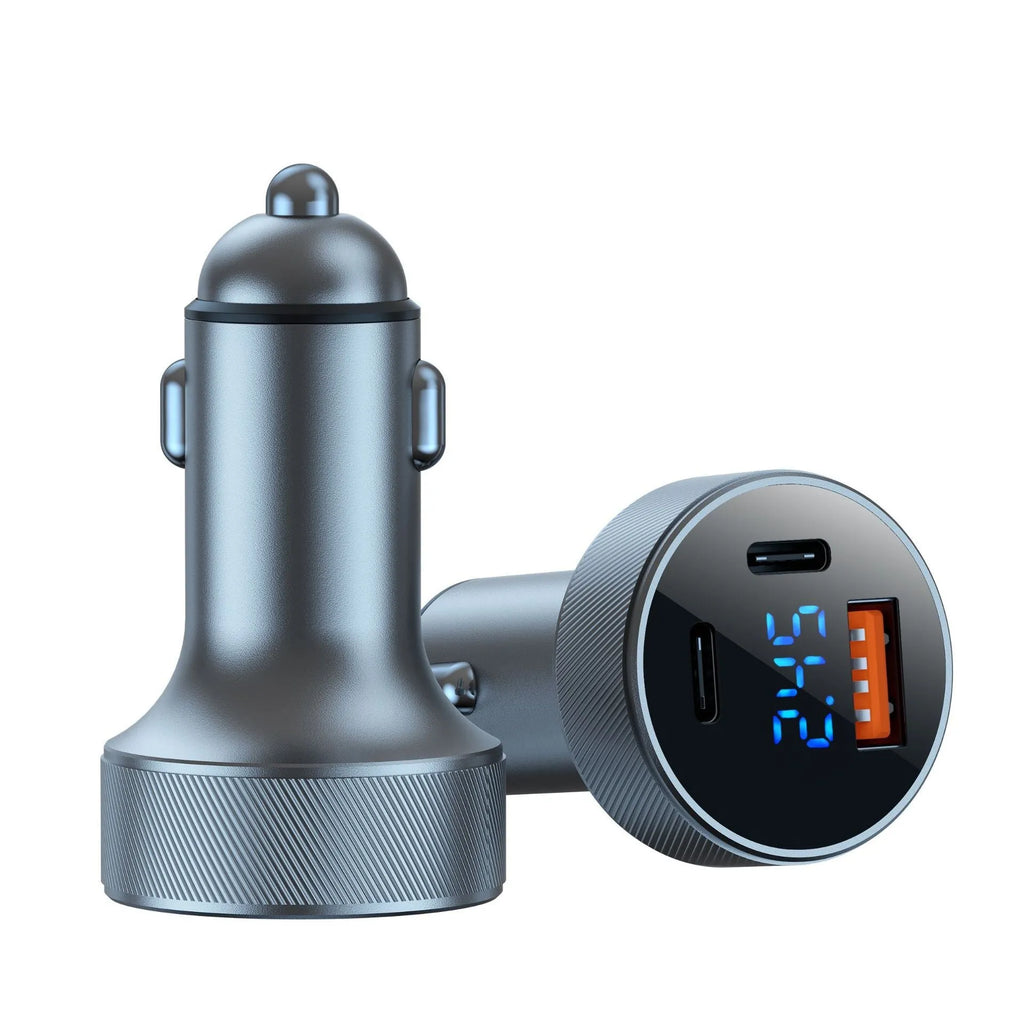 Black aluminium car charger with digital display and three charging ports