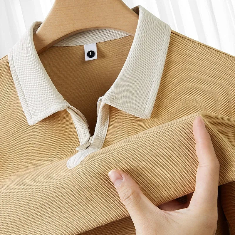Men's loose fit zipper polo shirt in nylon fabric with short sleeves and lapel collar.