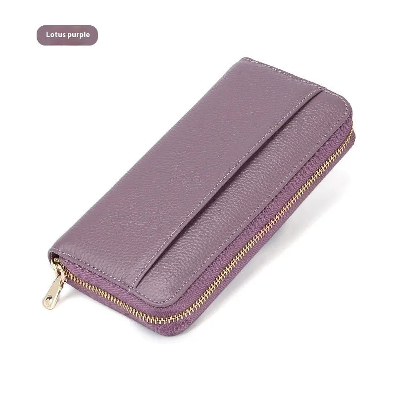 Women's genuine leather long wallet in six colour options with anti-theft card swiping functionality