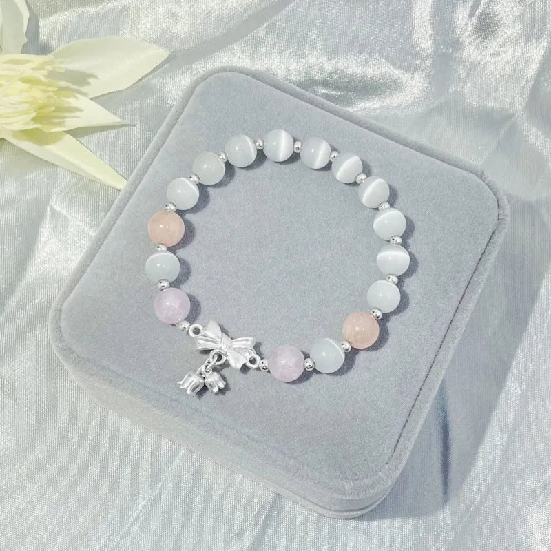 Lavender purple bowknot bracelet with 10mm opal crystal centrepiece for women