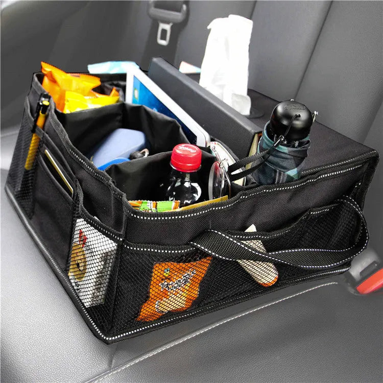 Black oxford cloth car trunk storage box with 33cm width and depth, 16cm height.