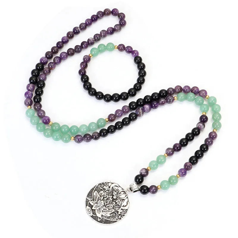 Dongling long yoga lotus pendant necklace and bracelet set with stone beads