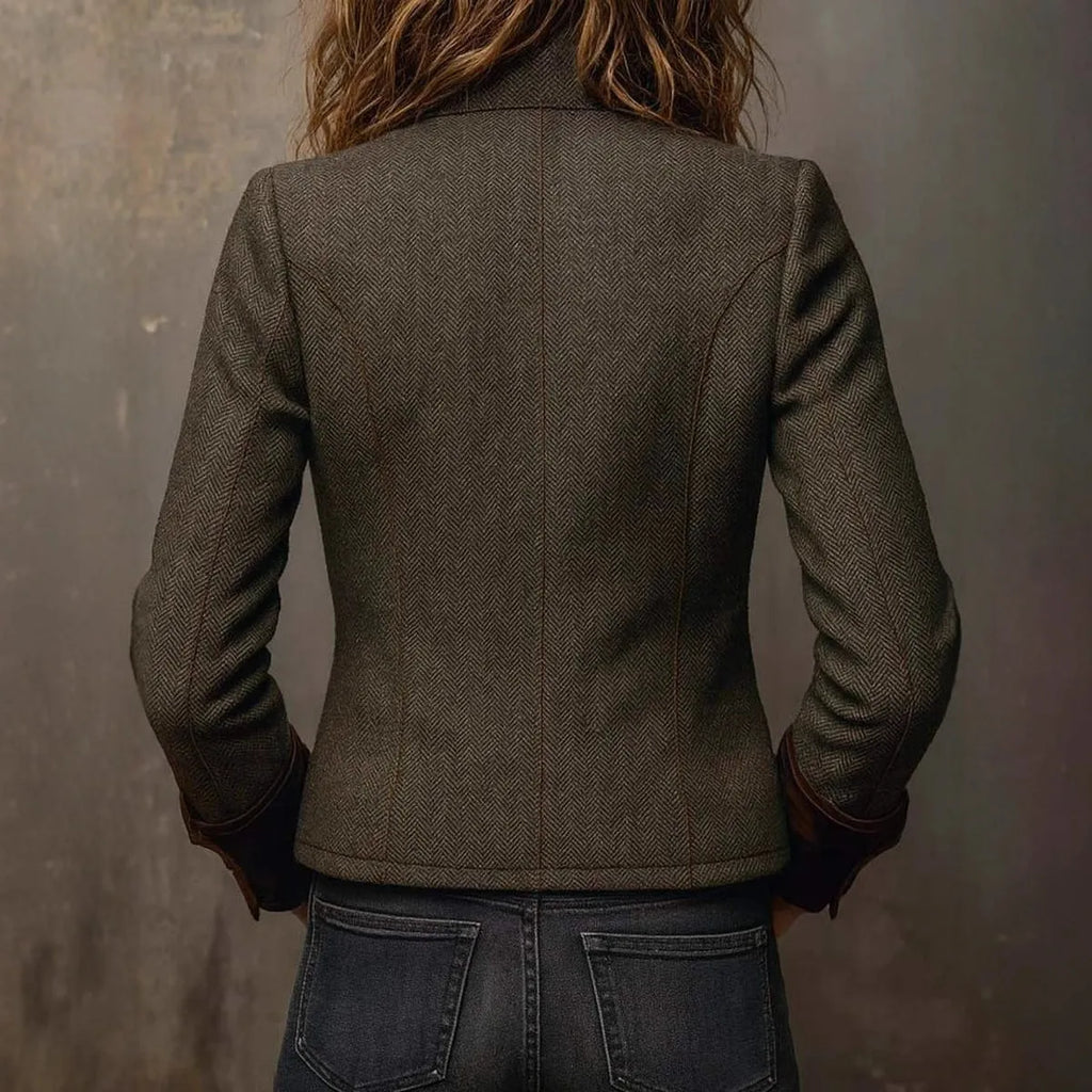 Army green herringbone pattern tweed blazer with velvet trim on collar and cuffs for women