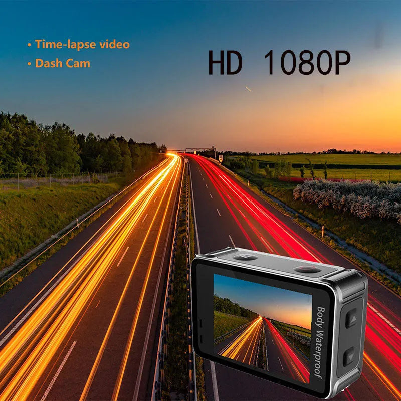 Black plastic action camera with touch screen and wide-angle lens, shown with USB cable.