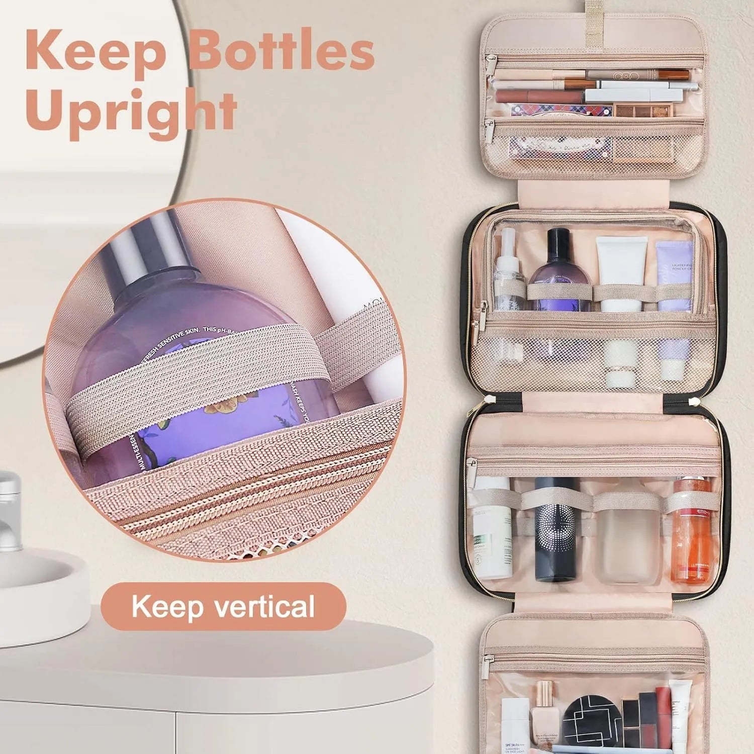 Portable large capacity travel storage wash bag with zipper in multiple colour options.