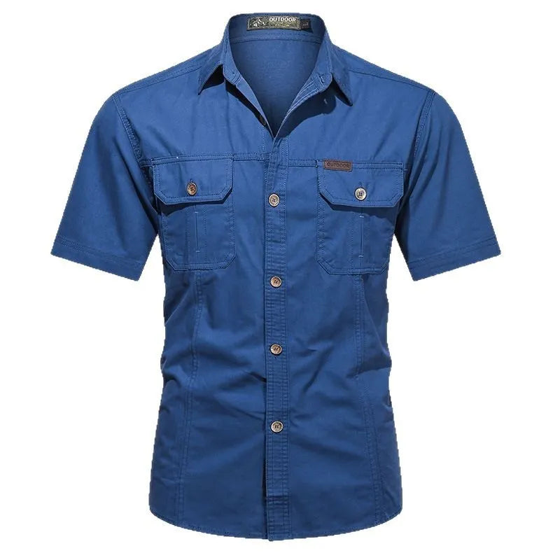 Men's army green cotton work shirt with short sleeves and a cardigan style, laid flat.