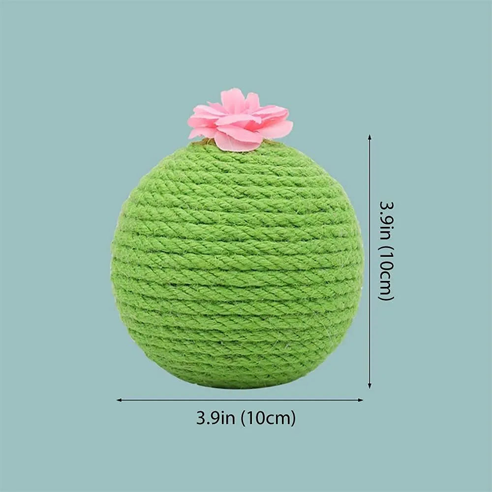 Green multi-level cat scratching tower with an interactive cactus ball toy and sisal-wrapped posts